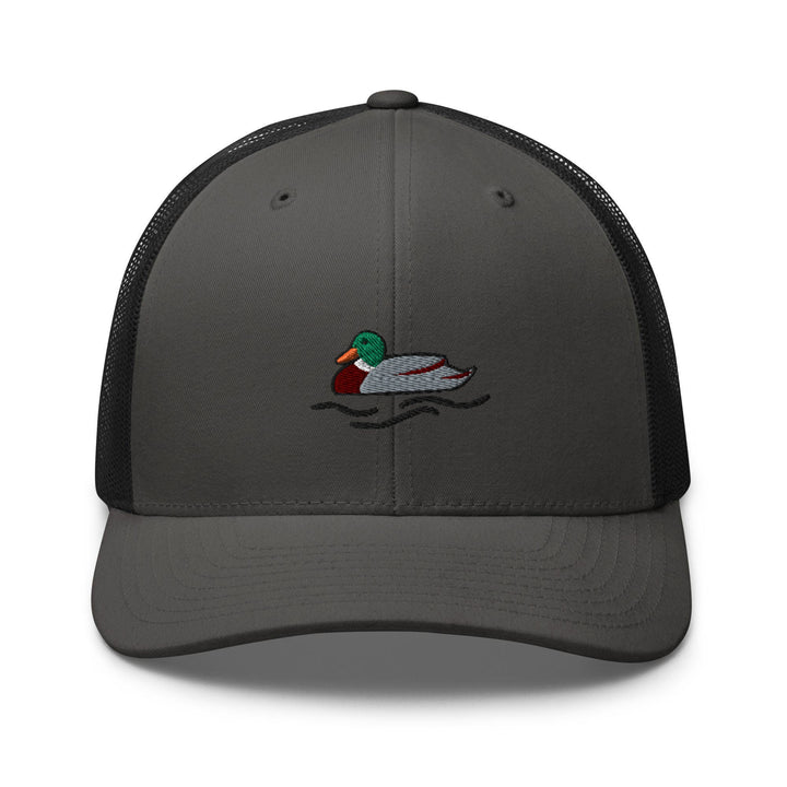 a gray and black trucker hat with a duck on it