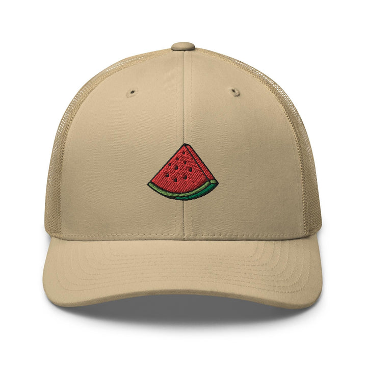 a tan trucker hat with a watermelon embroidered on the front