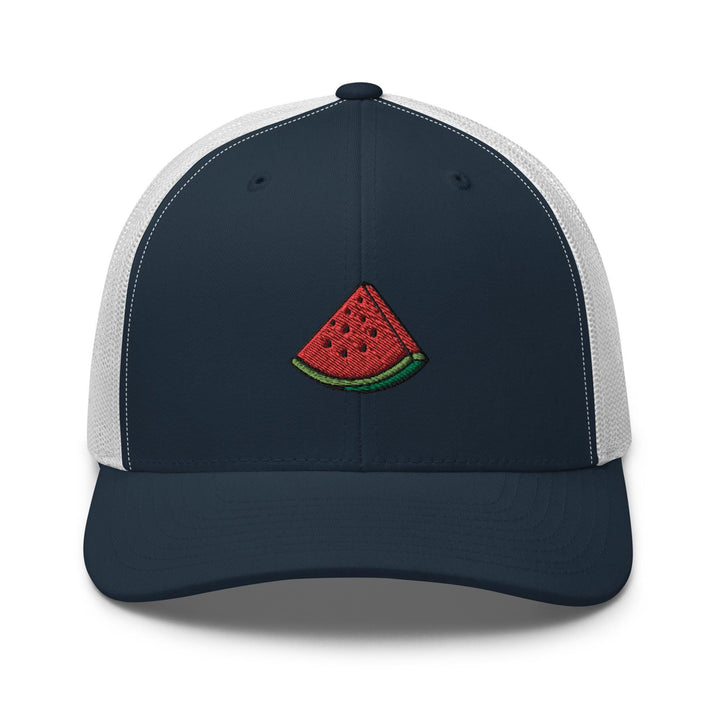 a blue and white trucker hat with a watermelon patch