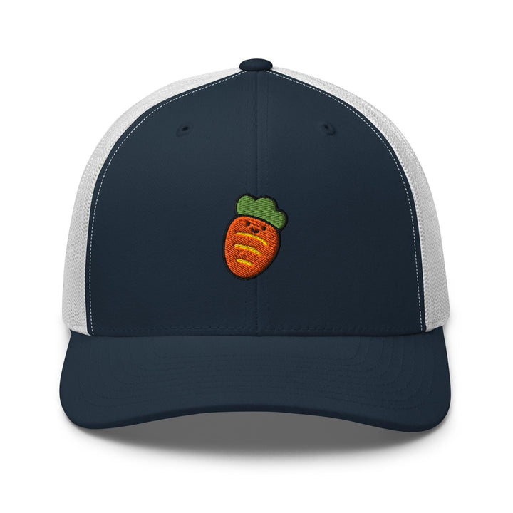 a hat with a carrot embroidered on it