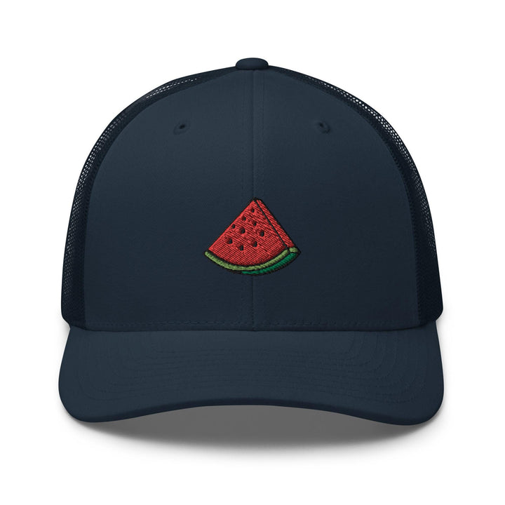 a blue trucker hat with a watermelon patch