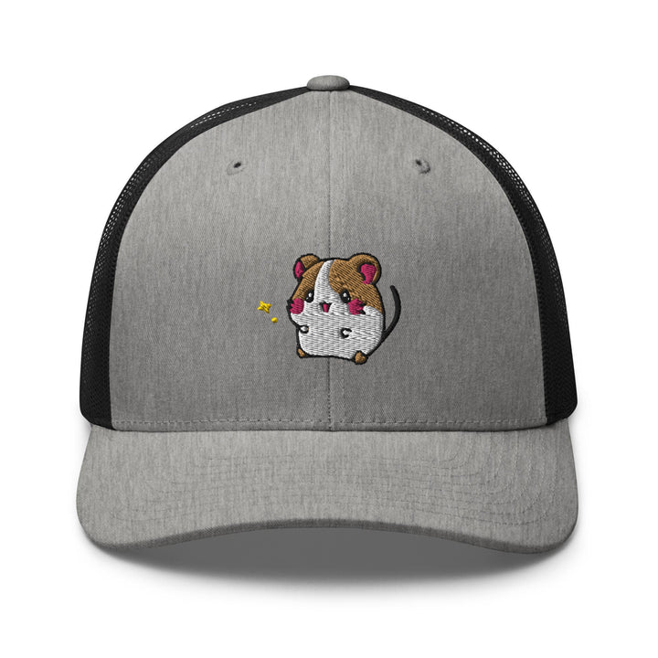 a gray and black trucker hat with a cartoon dog on it