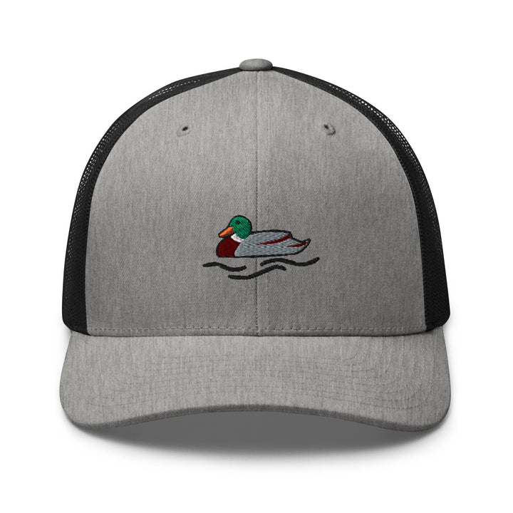 a gray and black hat with a duck on it