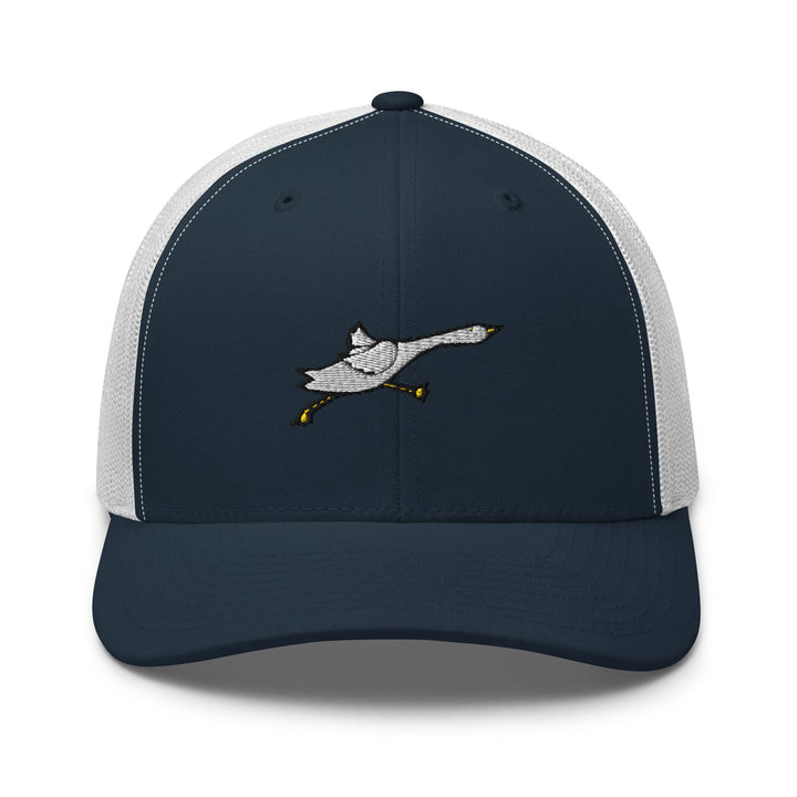 a blue and white trucker hat with a picture of a duck