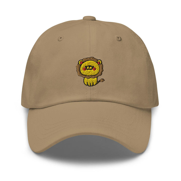 a tan hat with a lion embroidered on it