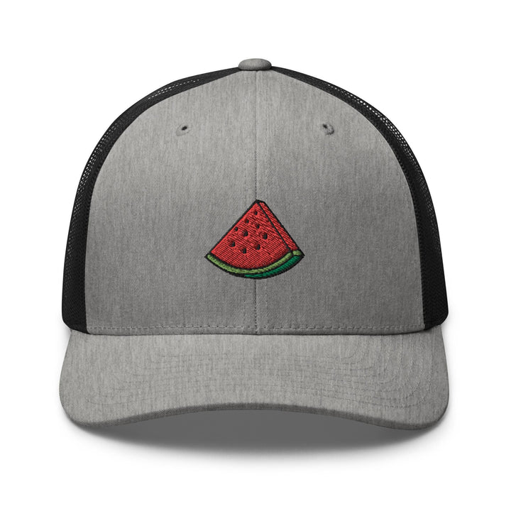 a gray and black trucker hat with a watermelon patch