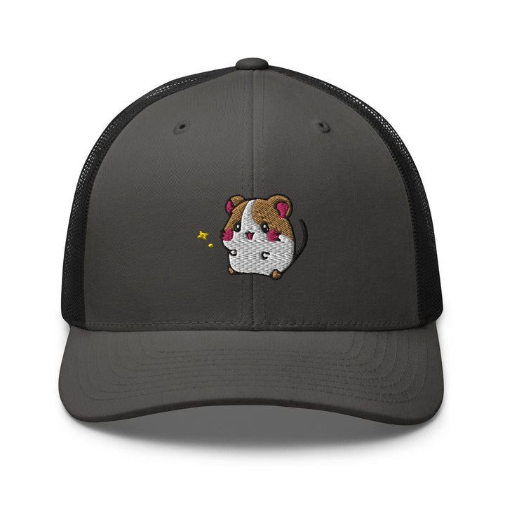 a gray trucker hat with a brown and white dog on it