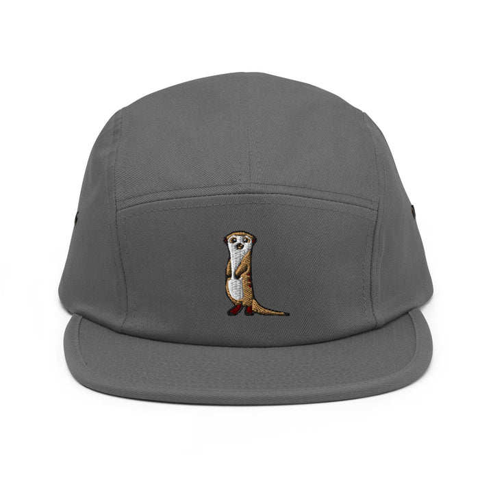 a grey hat with a picture of a meerkat on it