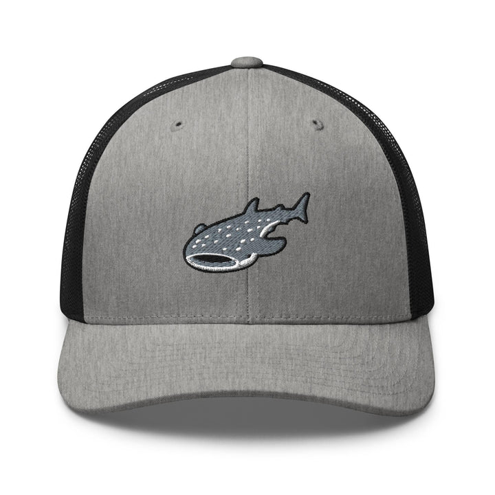 a gray and black hat with a fish on it