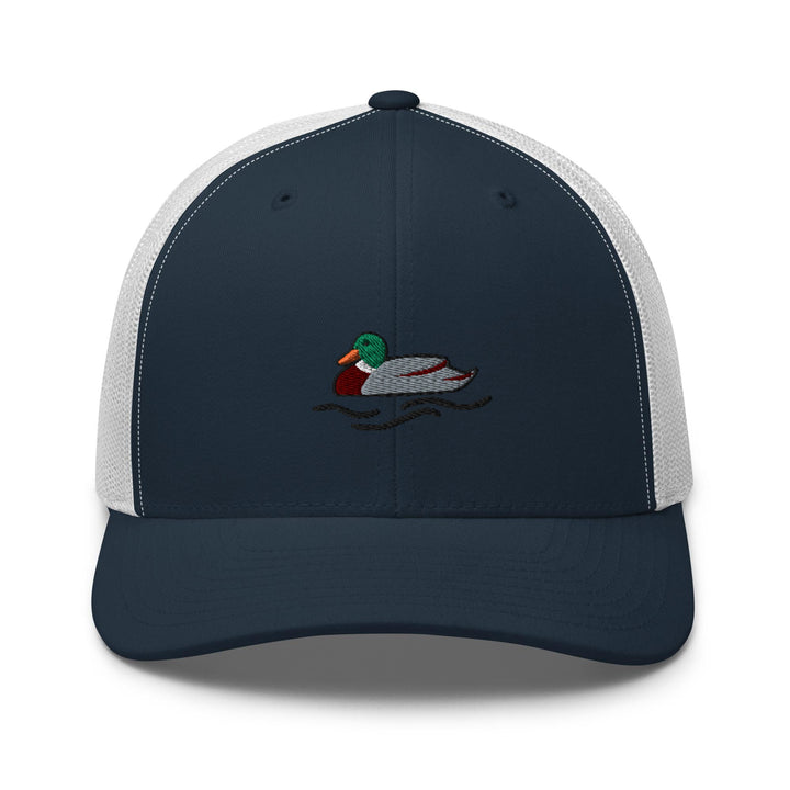 a blue and white trucker hat with a duck on it