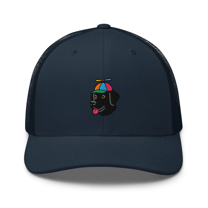 a blue hat with a black dog wearing an umbrella