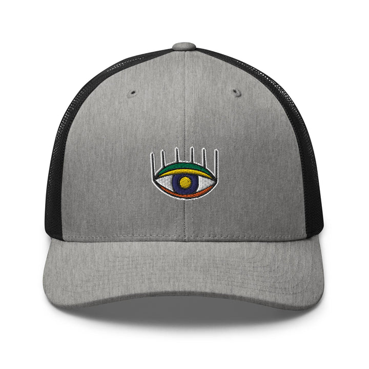 a gray and black hat with an eye on it