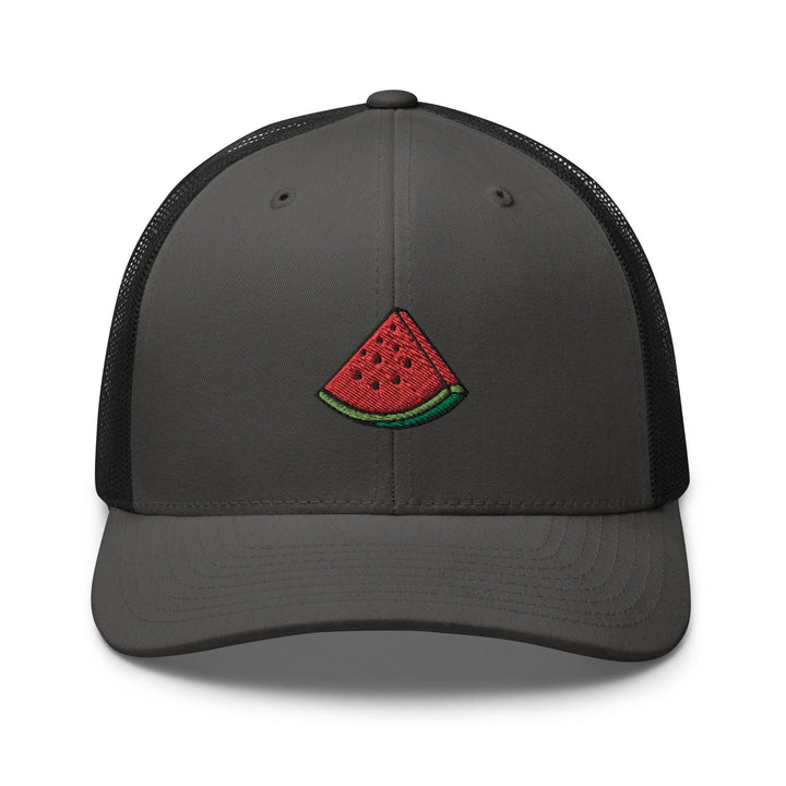 a gray trucker hat with a watermelon patch