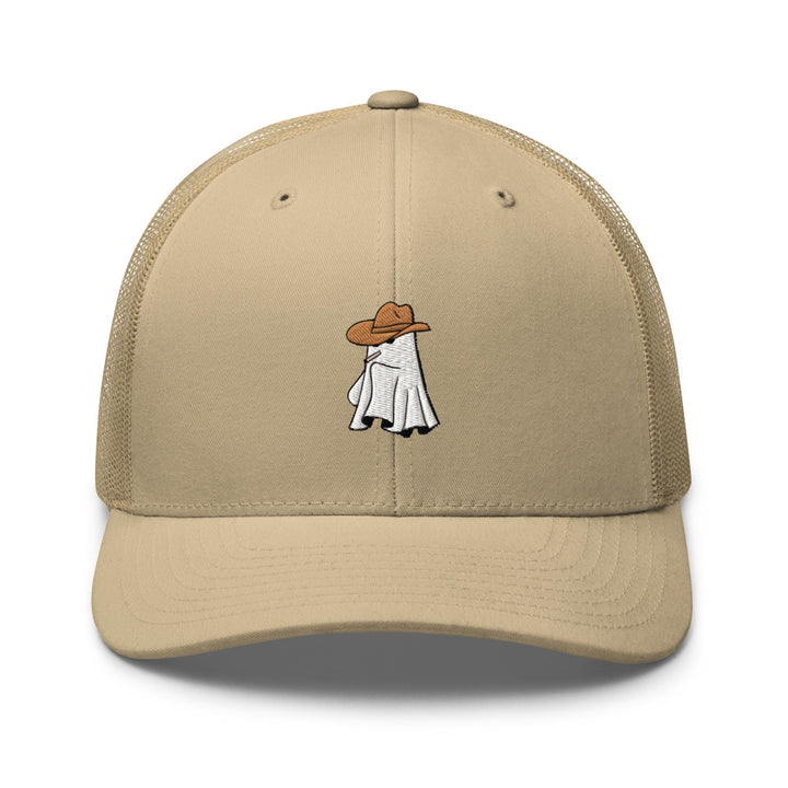 a tan trucker hat with a picture of a ghost on it