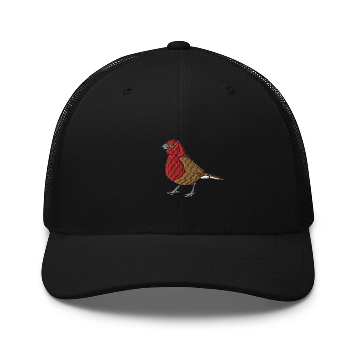 a black trucker hat with a red bird embroidered on the front