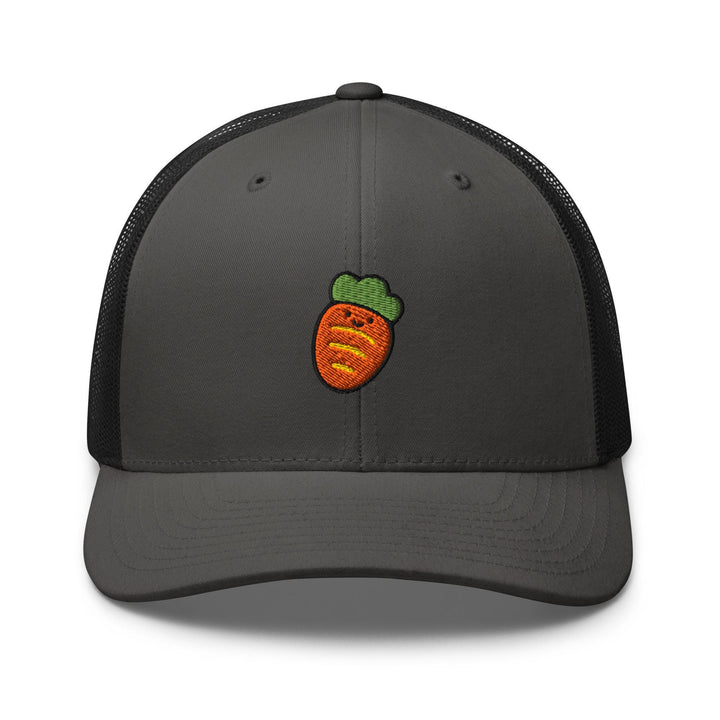 a gray trucker hat with an orange patch on the front