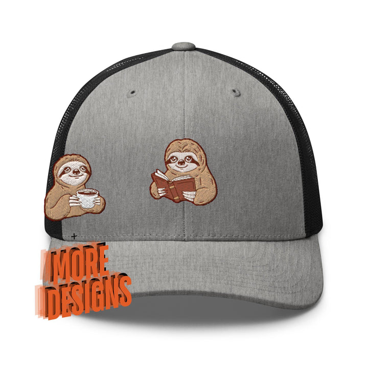 a gray and black hat with a slotty reading a book