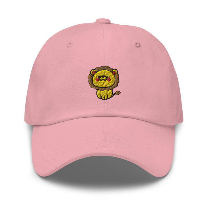 a pink hat with a lion embroidered on it