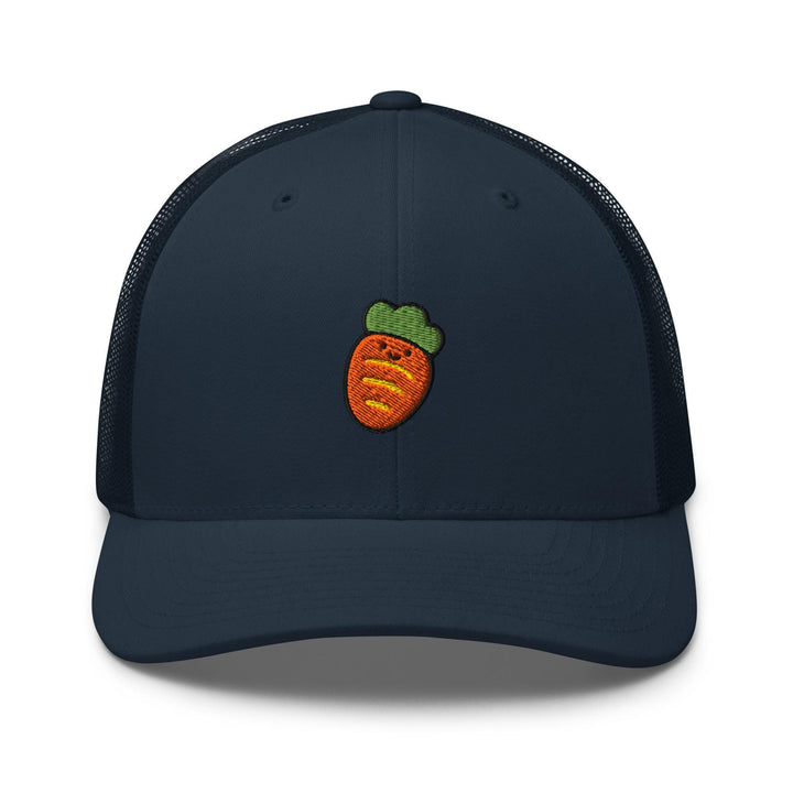 a trucker hat with a picture of a carrot on it