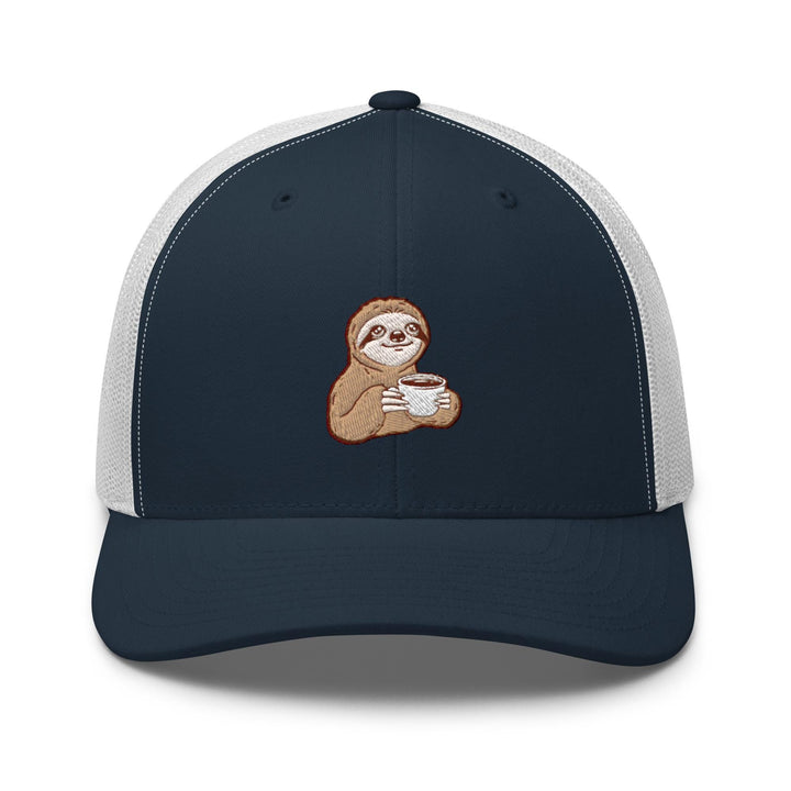 a blue and white trucker hat with a sloth on it