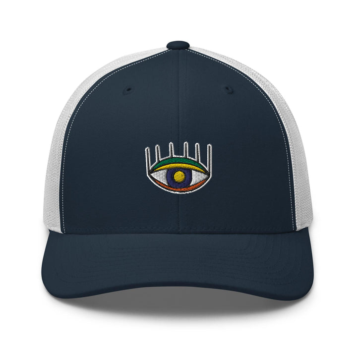 a blue and white trucker hat with an eye on it