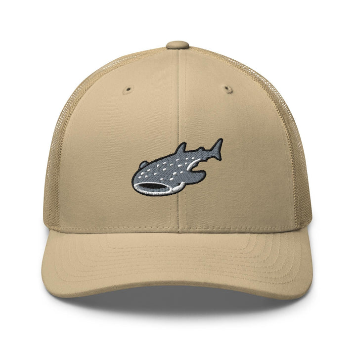 a tan hat with a fish embroidered on it