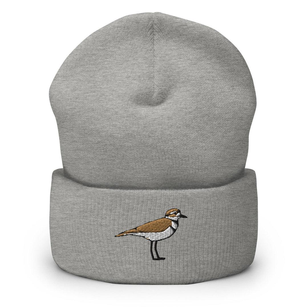 a grey beanie with a bird embroidered on it