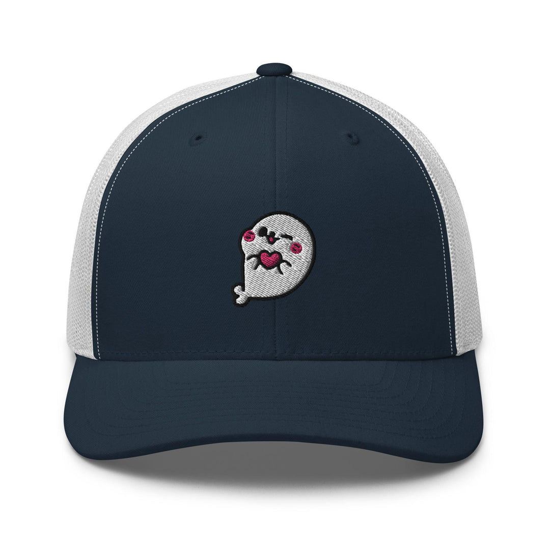 a blue and white trucker hat with a skull on it
