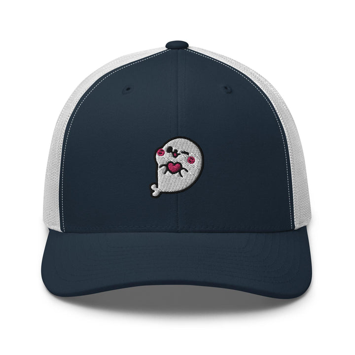 a blue and white trucker hat with a skull on it