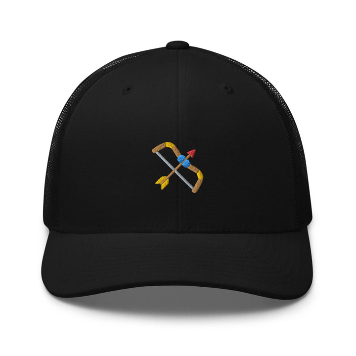 a black trucker hat with a picture of two arrows