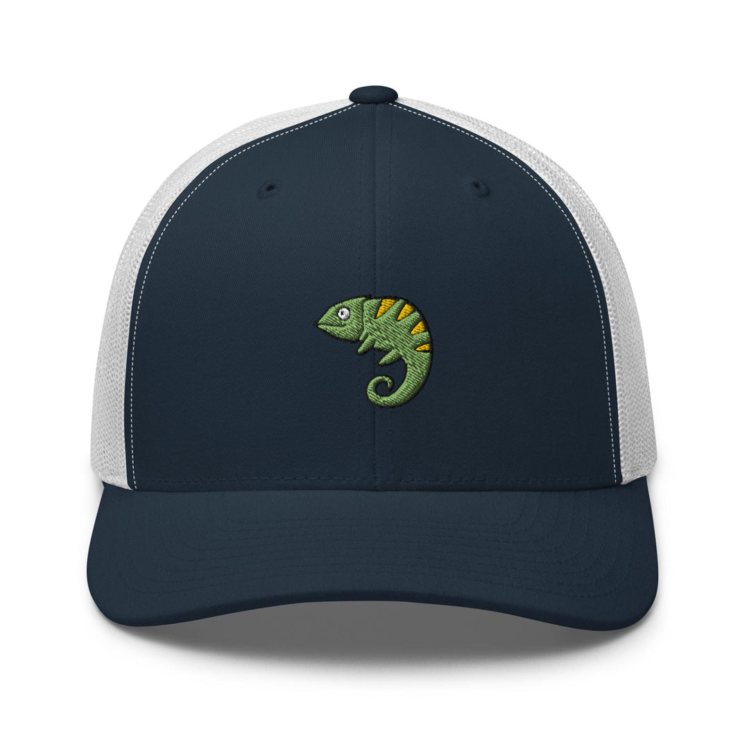 a blue and white trucker hat with a green chamelon embroidered on the
