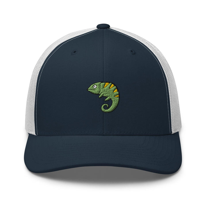 a blue and white trucker hat with a green chamelon embroidered on the