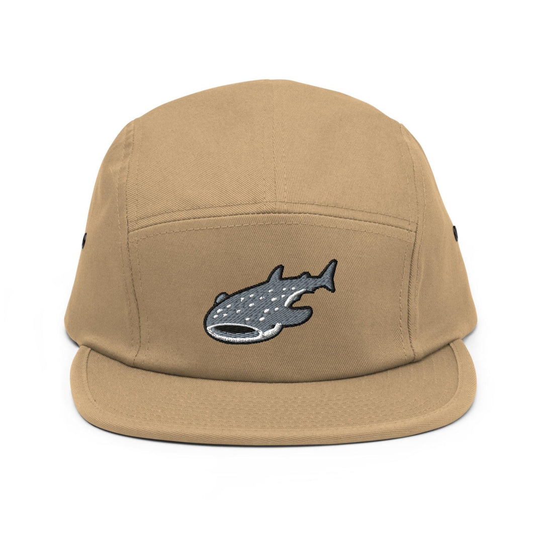 a brown hat with a fish embroidered on it