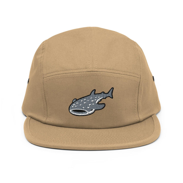 a brown hat with a fish embroidered on it
