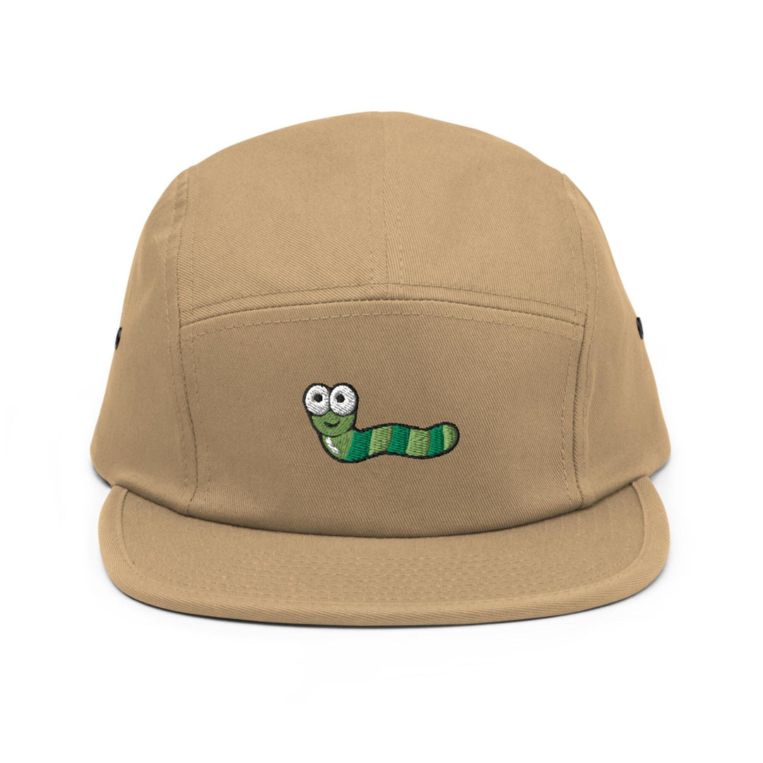 a brown hat with a green caterpillar embroidered on it