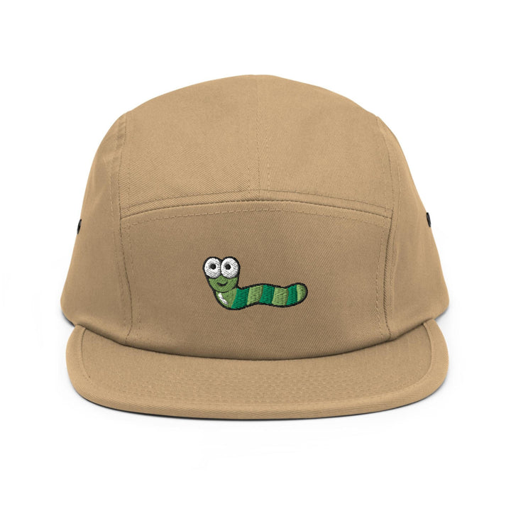a brown hat with a green caterpillar embroidered on it