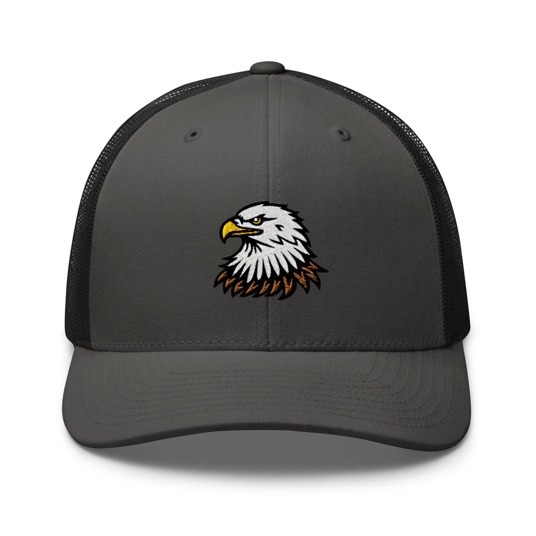 a gray and black trucker hat with an eagle on the front