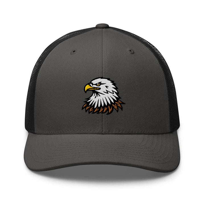 a gray and black trucker hat with an eagle on the front