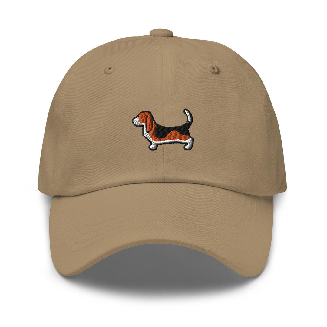 a tan hat with a dog embroidered on it