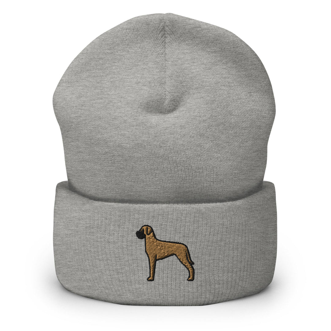 a grey beanie with a brown dog on it
