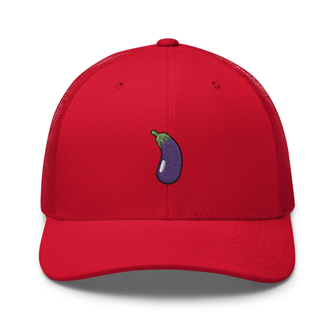a red hat with a pickle embroidered on the front