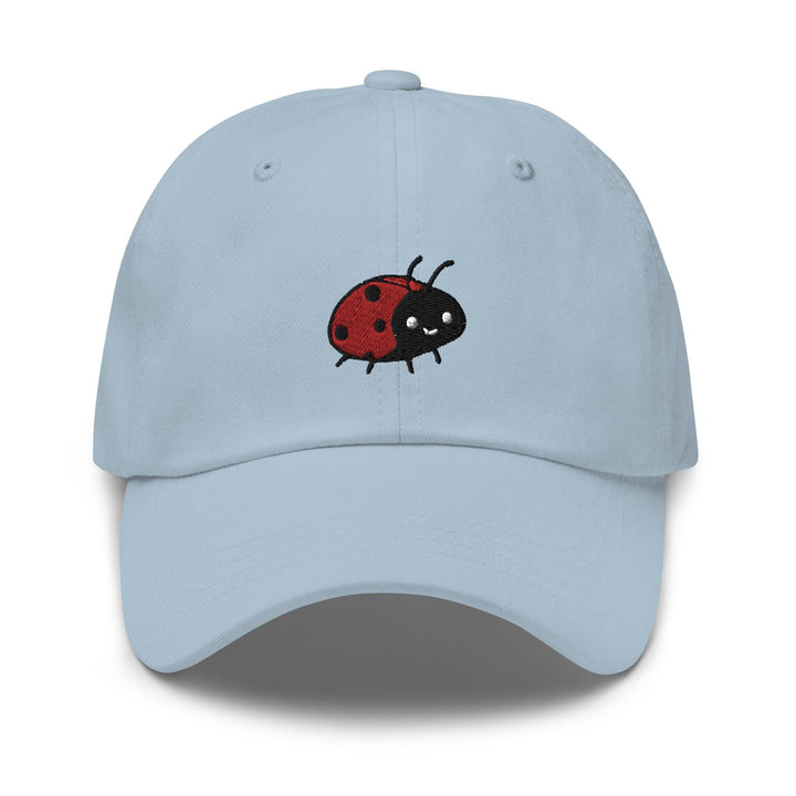 a light blue hat with a ladybug embroidered on the front