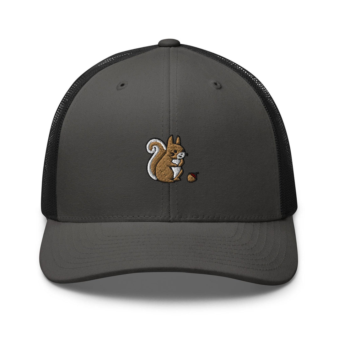 a gray and black hat with a squirrel embroidered on the front