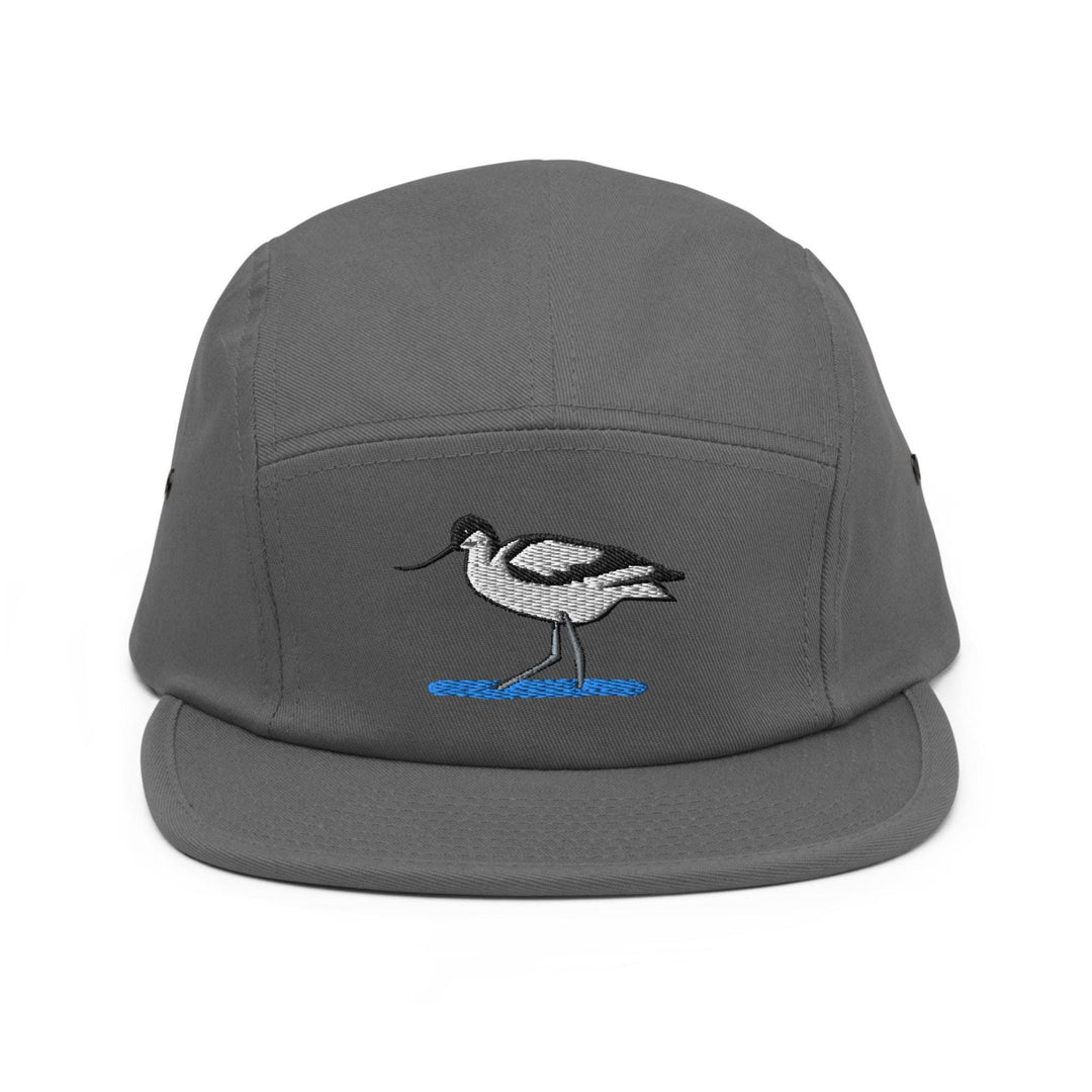 a grey hat with a bird embroidered on it