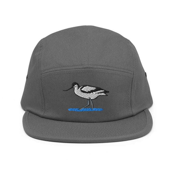 a grey hat with a bird embroidered on it