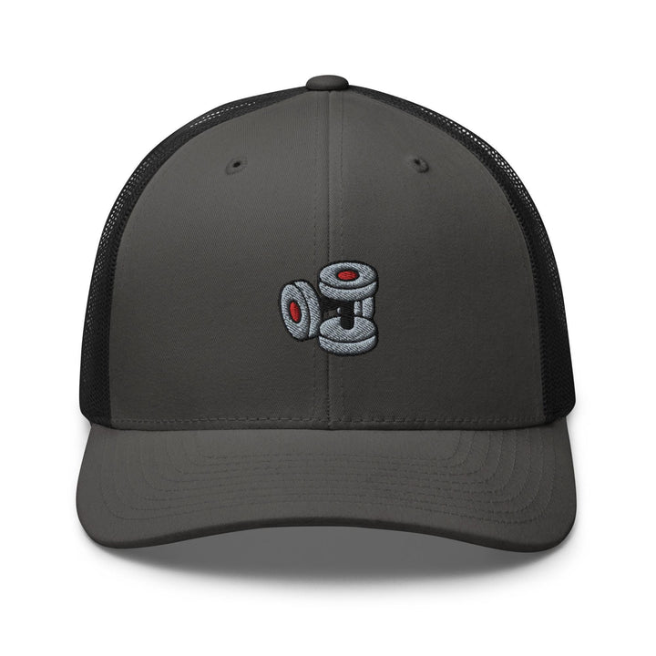 a gray and black trucker hat with a camera on it
