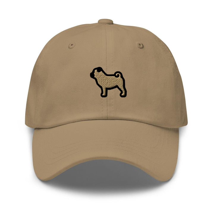 a tan hat with a black dog embroidered on it