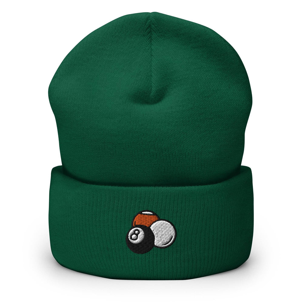 a green beanie with a pool ball on it