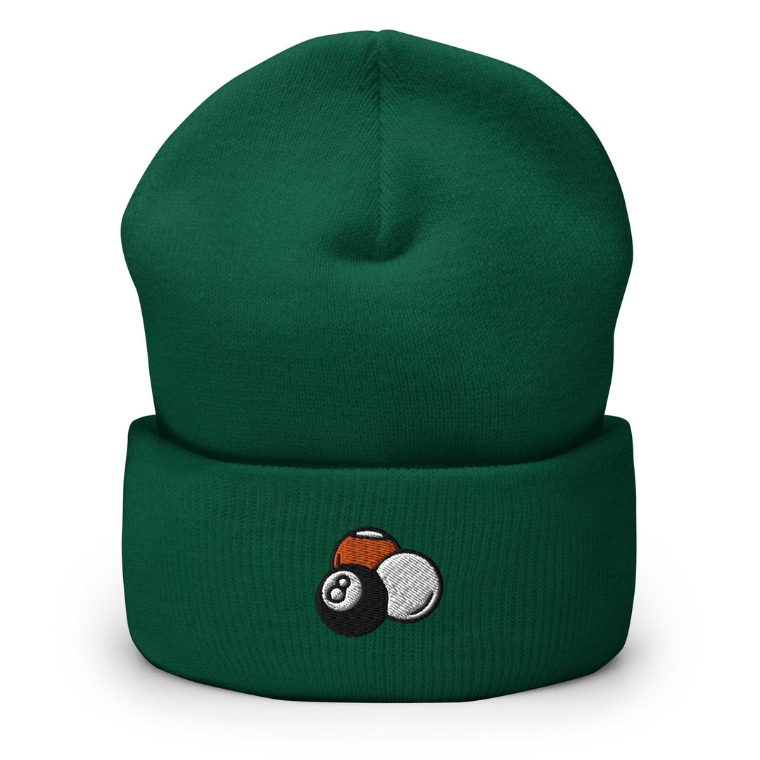 a green beanie with a pool ball on it