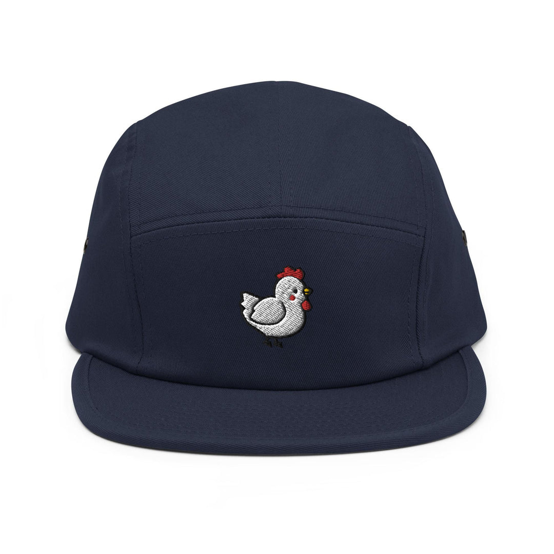 a blue hat with a chicken embroidered on it